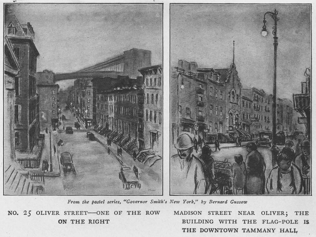 These two Bernard Gussow illustrations showing one home of former New York Governor Al Smith and Tammany Hall were printed in the 1927 book titled Up From The City Streets A Life of Alfred E. Smith.