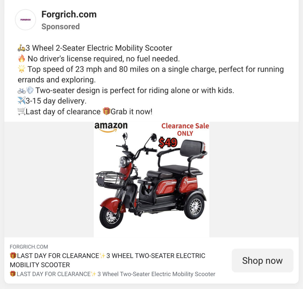 Google users searched for the words Forgrich reviews scam and electric mobility scooter scam to look for credible information about an online shopping website.