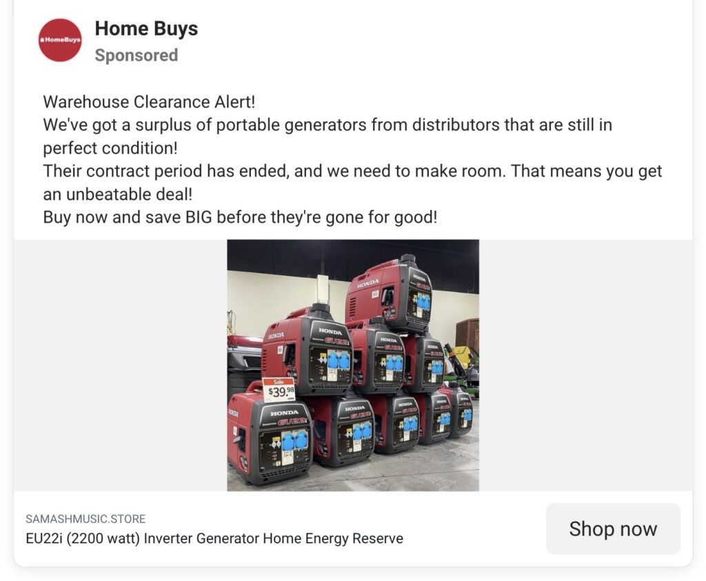 Google users searched online for a Samashmusic.store reviews scam about a website posing as HomeBuys selling Honda generators for cheap prices.