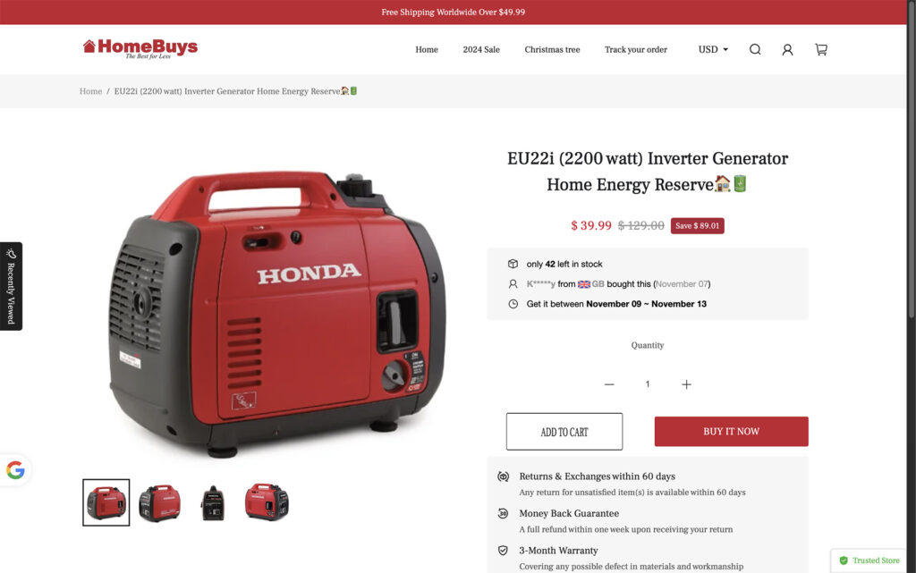 Google users searched online for a Samashmusic.store reviews scam about a website posing as HomeBuys selling Honda generators for cheap prices.