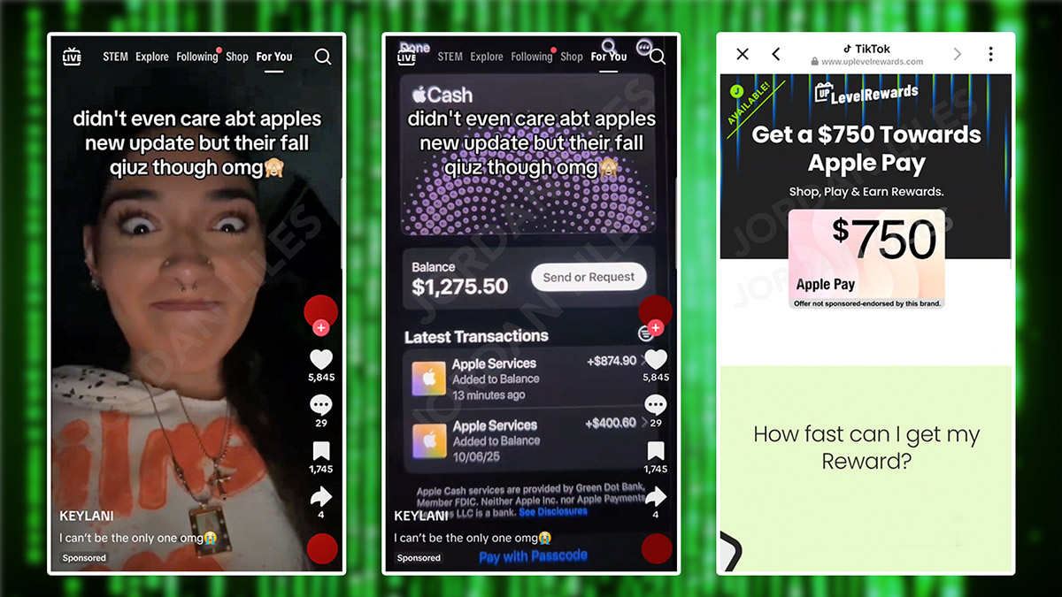 TikTok users watching videos in October 2025 received a false and scammy advertisement for an Apple Pay fall quiz payout offer.