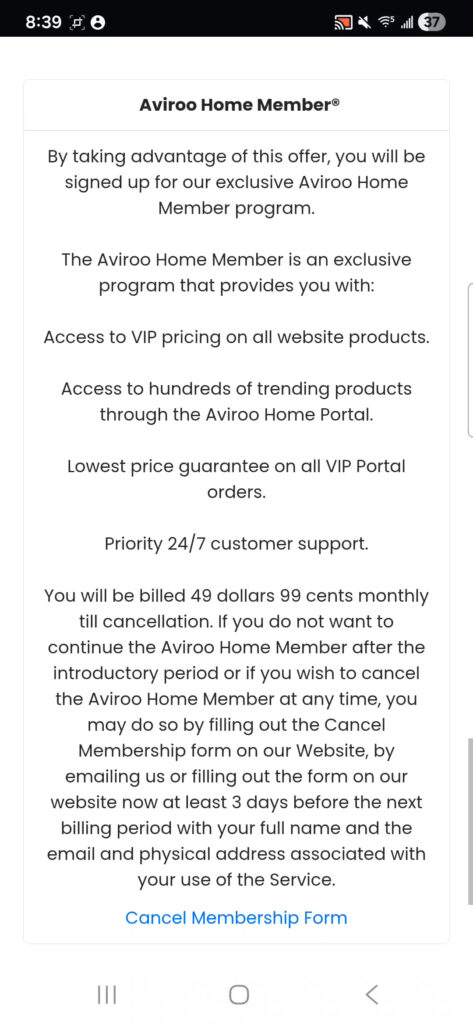 A screenshot of a mobile checkout page where the $49.99 monthly subscription terms are hidden in small, grey text at the bottom.
