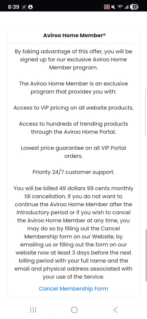 Aviroo Home checkout page showing hidden Aviroo Home Member monthly subscription fee of $49.99.