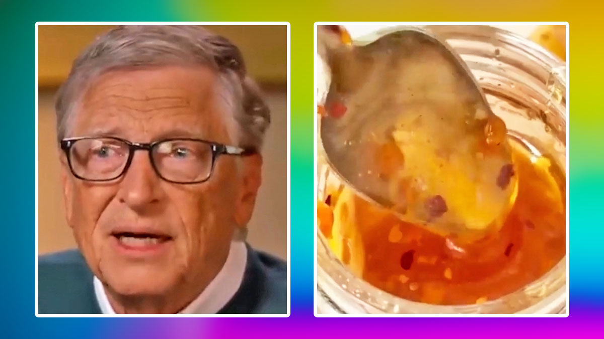 A photo of Bill Gates allegedly endorsing a separate picture showing a honey mixture for the purported neuro honey blend and Brain Honey pills product.