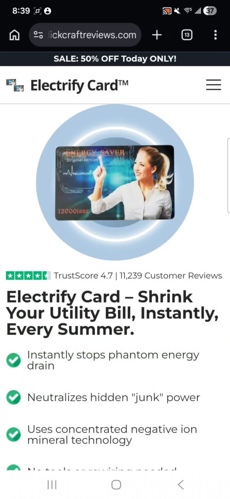A screenshot of clickcraftreviews.com showing a manipulated 4.9 out of 5 "TrustScore" for the Electrify Card scam.