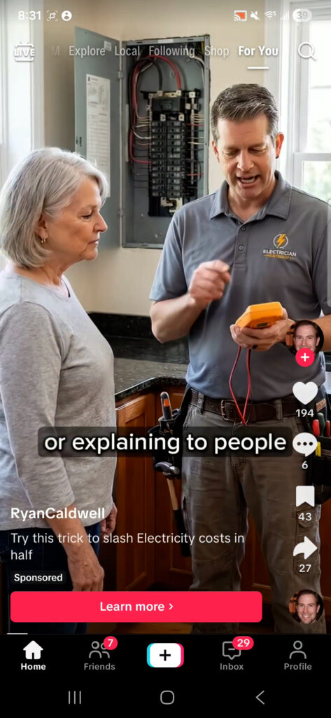 Close-up of an AI-generated spokesperson wearing a work shirt where the word "Electrician" is misspelled as "Electiocien."