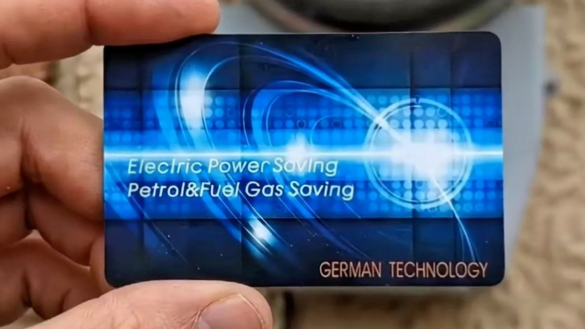 A side-by-side comparison of the Electrify Card advertisement featuring the AI-generated electrician and the fake 4.7/5 TrustScore rating.