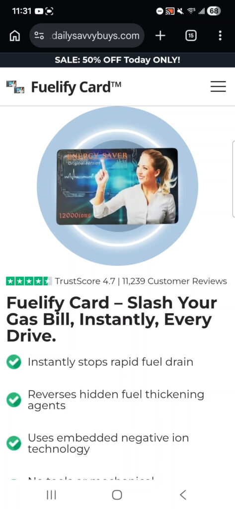 Dailysavvybuys.com landing page showing fake 4.7 out of 5 TrustScore for Fuelify Card.