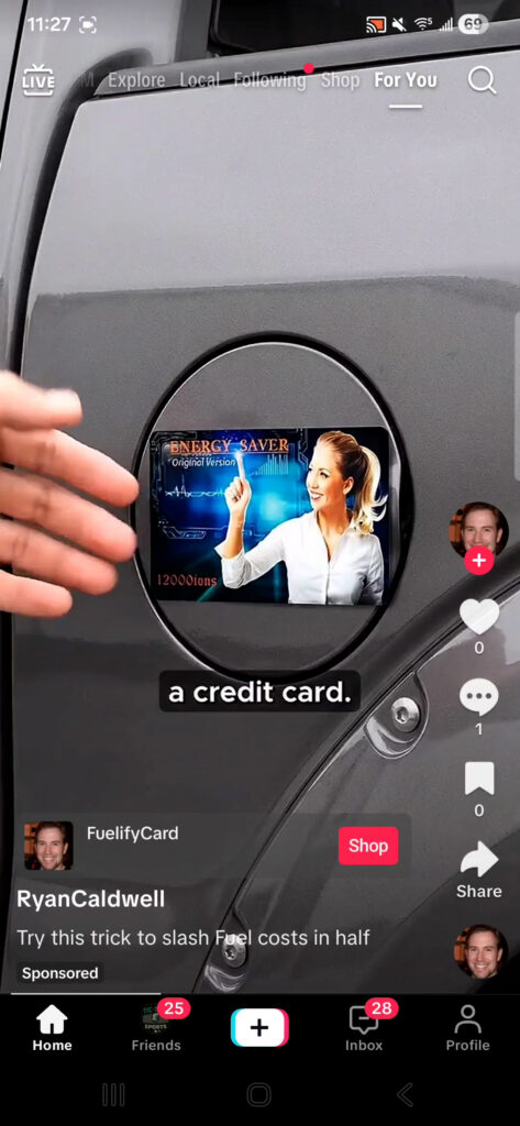 Fuelify Energy Saver card from TikTok ad with nonsensical AI-generated text and symbols.