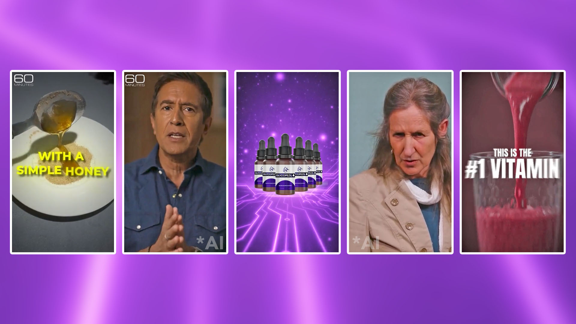 An image shows an alleged honey recipe, Dr. Sanjay Gupta, Glycopezil drops bottles, Barbara O'Neill and a red vitamin recipe promise, all part of a massive online diabetes scam.