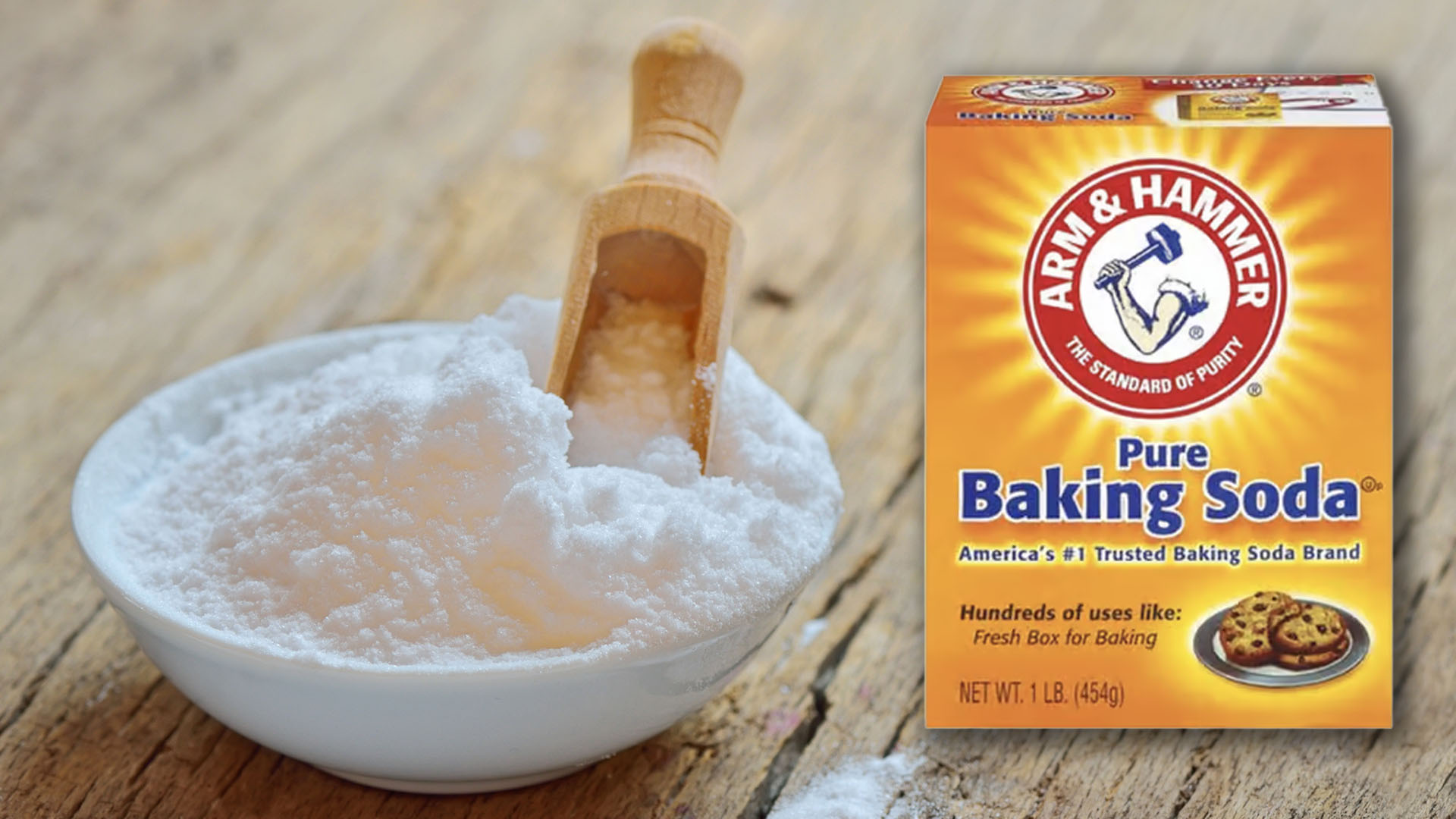 An image shows baking soda in a bowl with a wooden spoon, all next to a superimposed product photo of Arm & Hammer Baking Soda.