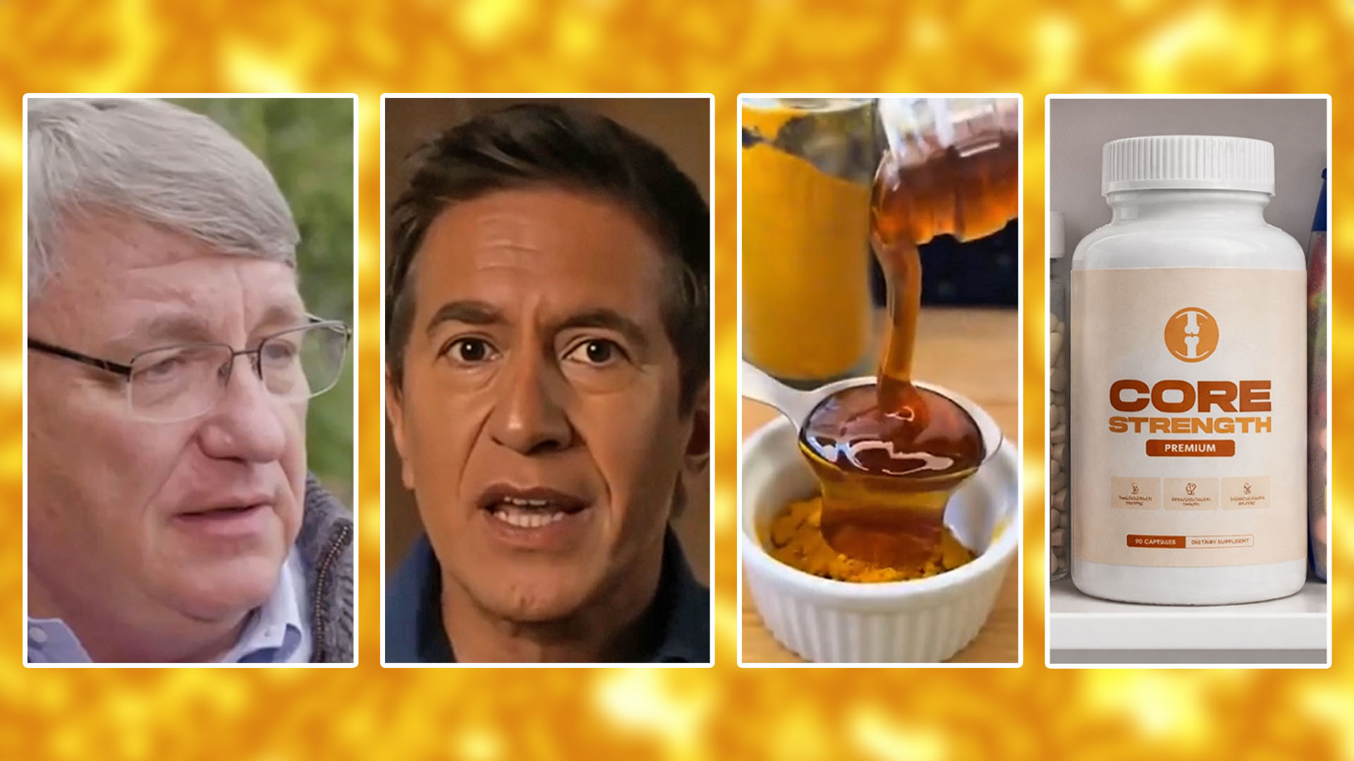 An image shows photos of Dr. Paul Cox, Dr. Sanjay Gupta, honey and a bottle of Core Strength Premium Supplements.