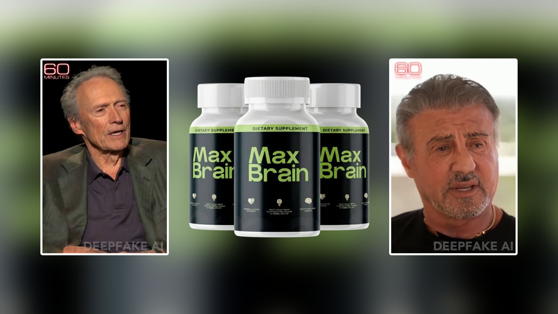 An image shows Clint Eastwood and Sylvester Stallone as allegedly endorsing the Max Brain supplements product for memory loss.