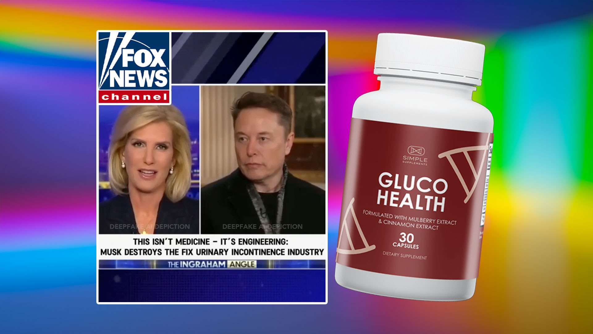 An image shows a fake Fox News segment with Laura Ingraham, Elon Musk and Barbara O'Neill next to an image of a Simple Supplements Gluco Health pill bottle.