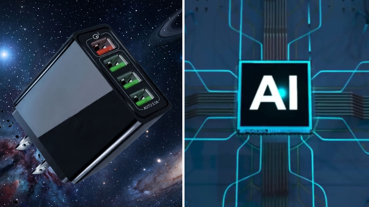 An image shows the Hyper Charge Pro charger in an outer space-like setting next to an image of AI chip technology.