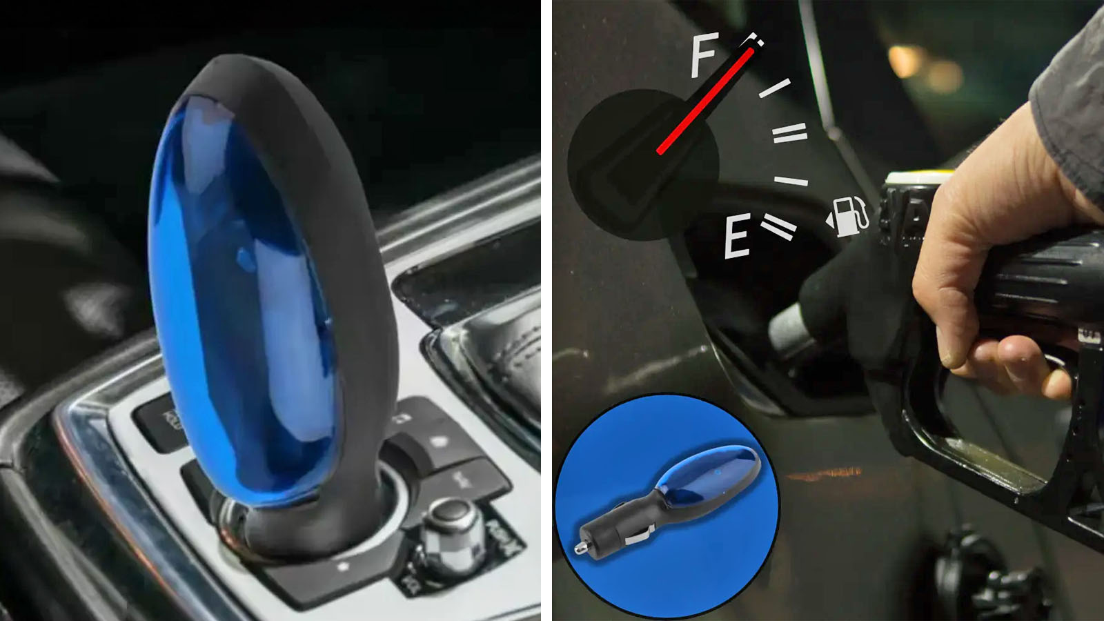 An image shows two different images of the alleged Fuel Sync gas saver device, a blue and black product with marketing alleging the ability to double gas mileage.