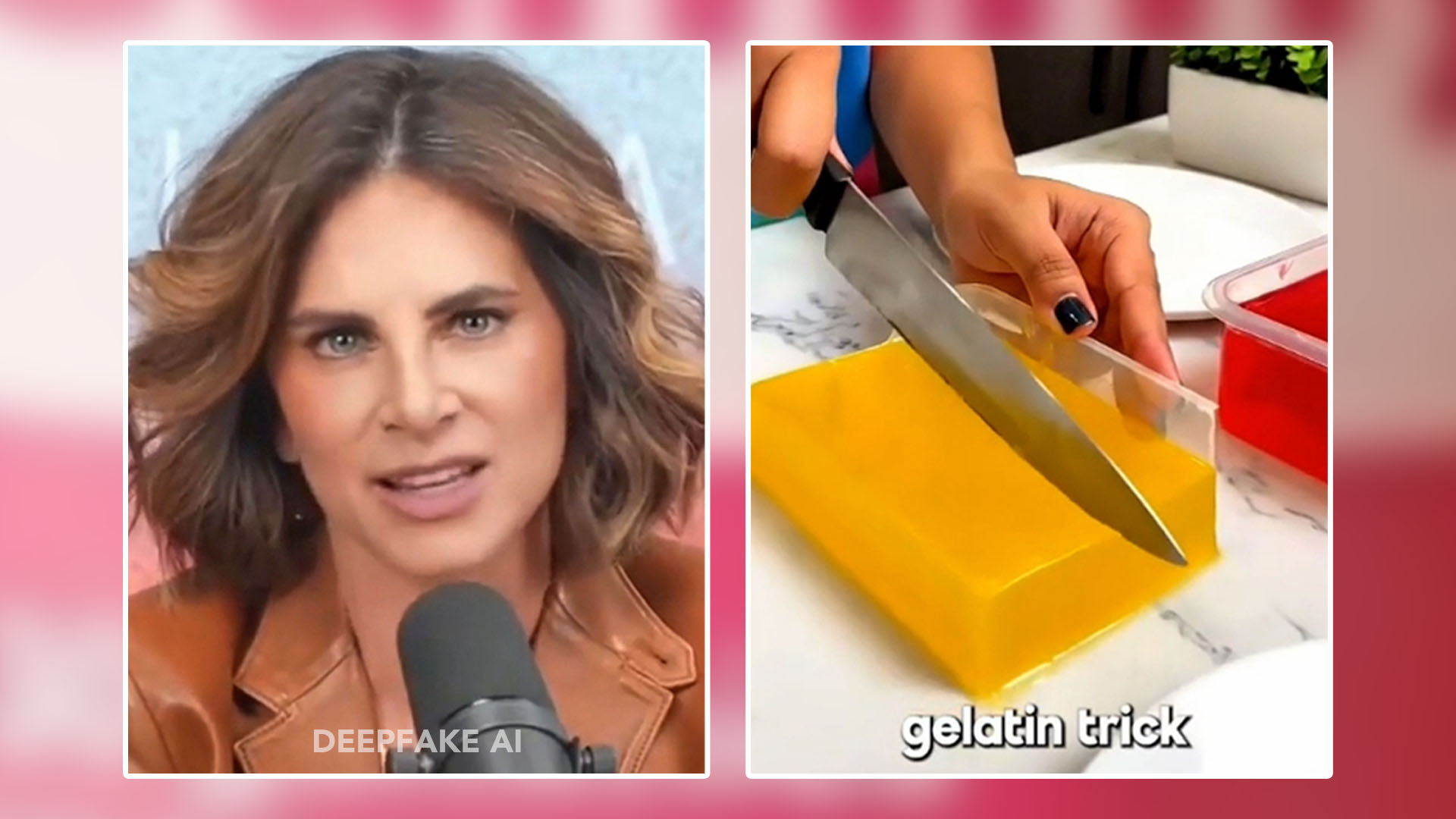 A photo of Jillian Michaels allegedly endorsing a separate picture showing a person preparing a gelatin trick and Burn Gummy gummies for weight loss.