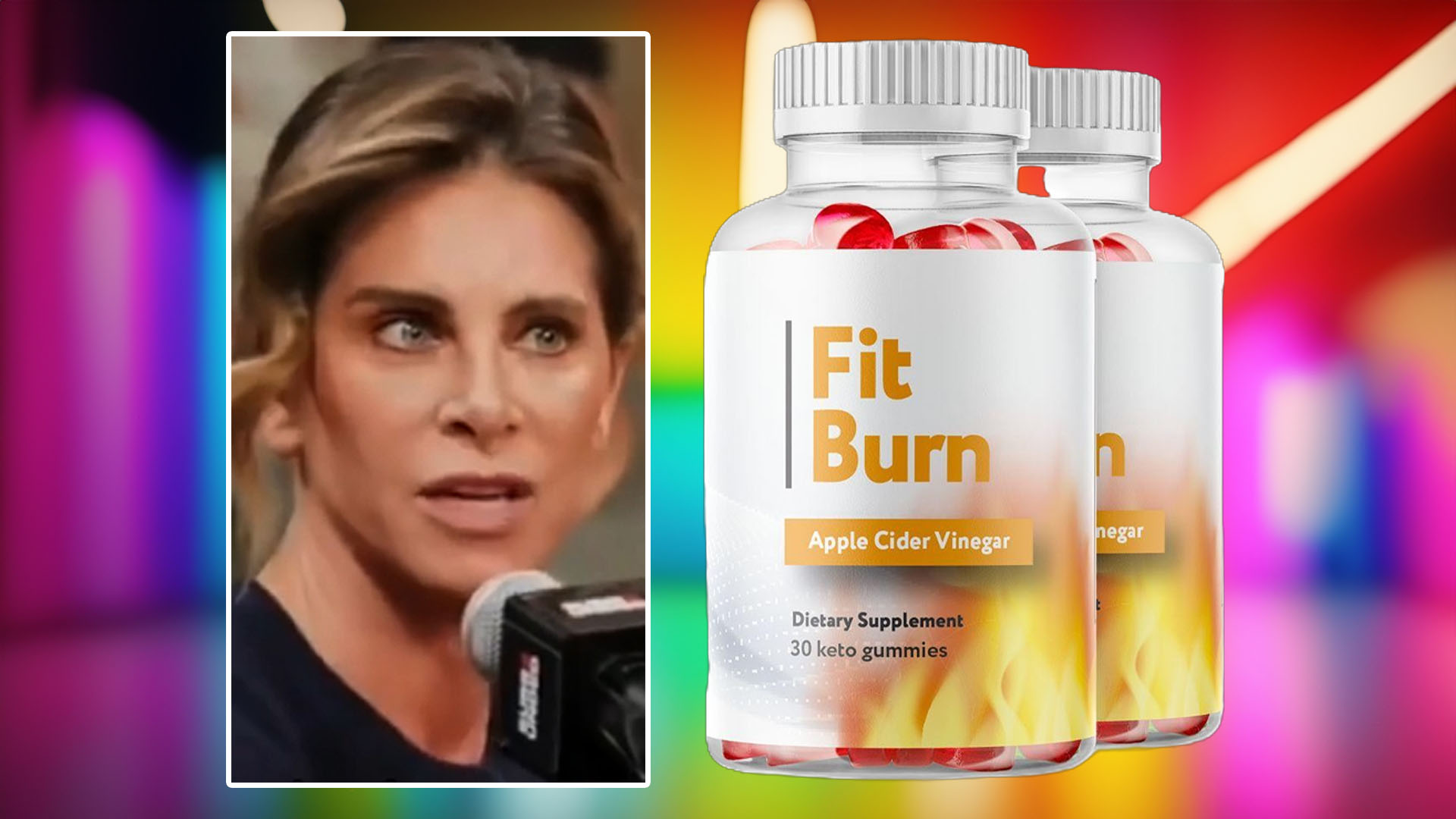 An image shows a picture of Jillian Michaels next to bottles of Fit Burn Gummies.