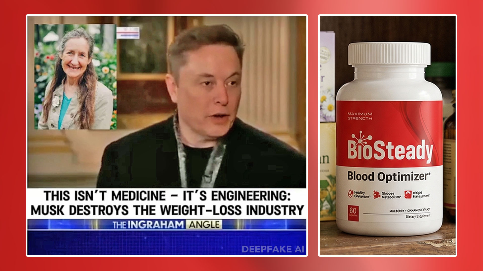 A photo of Barbara O'Neill and Elon Musk allegedly endorsing a separate picture showing a bottle of BioSteady Blood Optimizer capsules for weight loss.