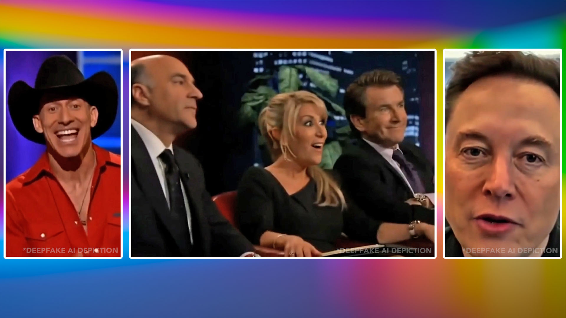 An image with a rainbow-colored backdrop shows three pictures, including from left to right a cowboy with a red shirt, investors on the Shark Tank TV show and Elon Musk.