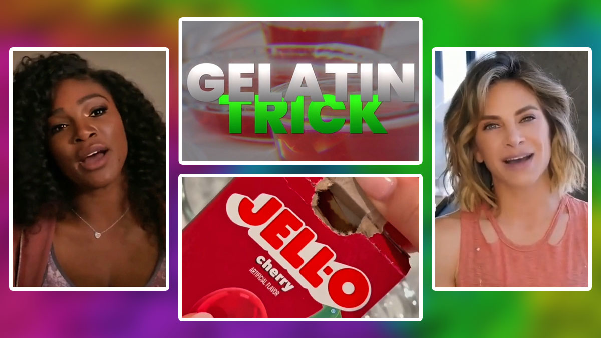 An image shows four separate images on a rainbow-colored background, including a photo of Serena Williams, a graphic with the two words gelatin trick, a photo with a box of Jell-O and a photo of Jillian Michaels.