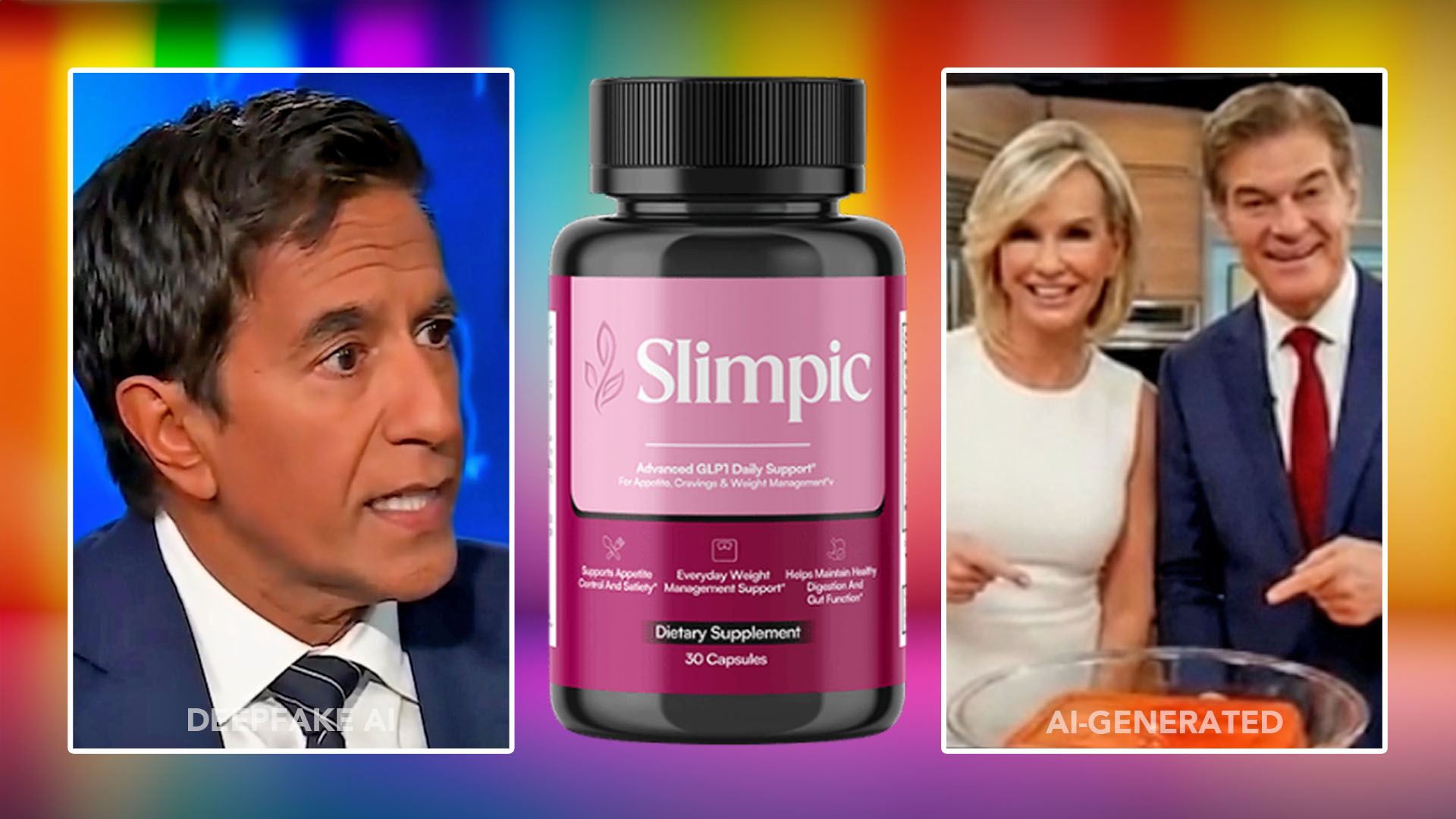 An image shows three images on a rainbow colored background, including from left to right Dr. Sanjay Gupta, a bottle of Slimpic weight loss supplements and a single alleged photo of Dr. Jennifer Ashton and Dr. Mehmet Oz pointing to a gelatin recipe.