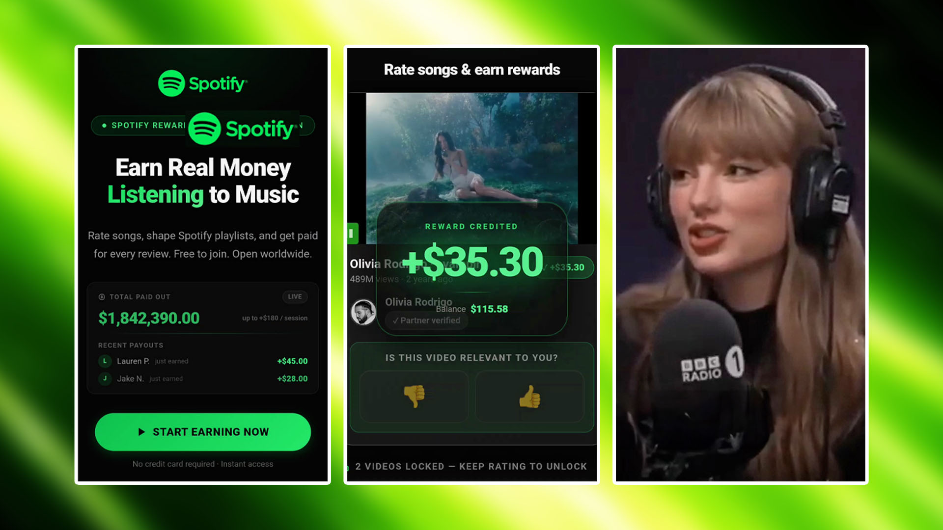 An image displays a Spotify Rewards Program login scam screenshot, a fake withdrawal payout and a deepfake AI depiction of Taylor Swift.