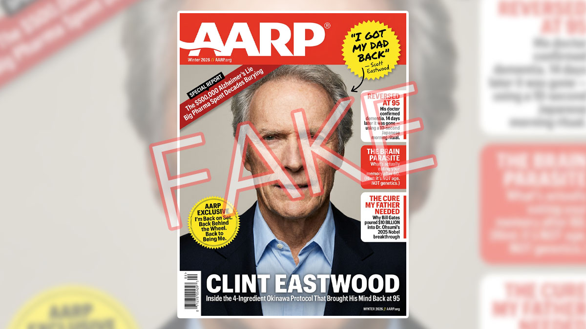 This image shows a fake AARP magazine cover for winter 2026 showing Clint Eastwood and promising an Alzheimer's and dementia cure.
