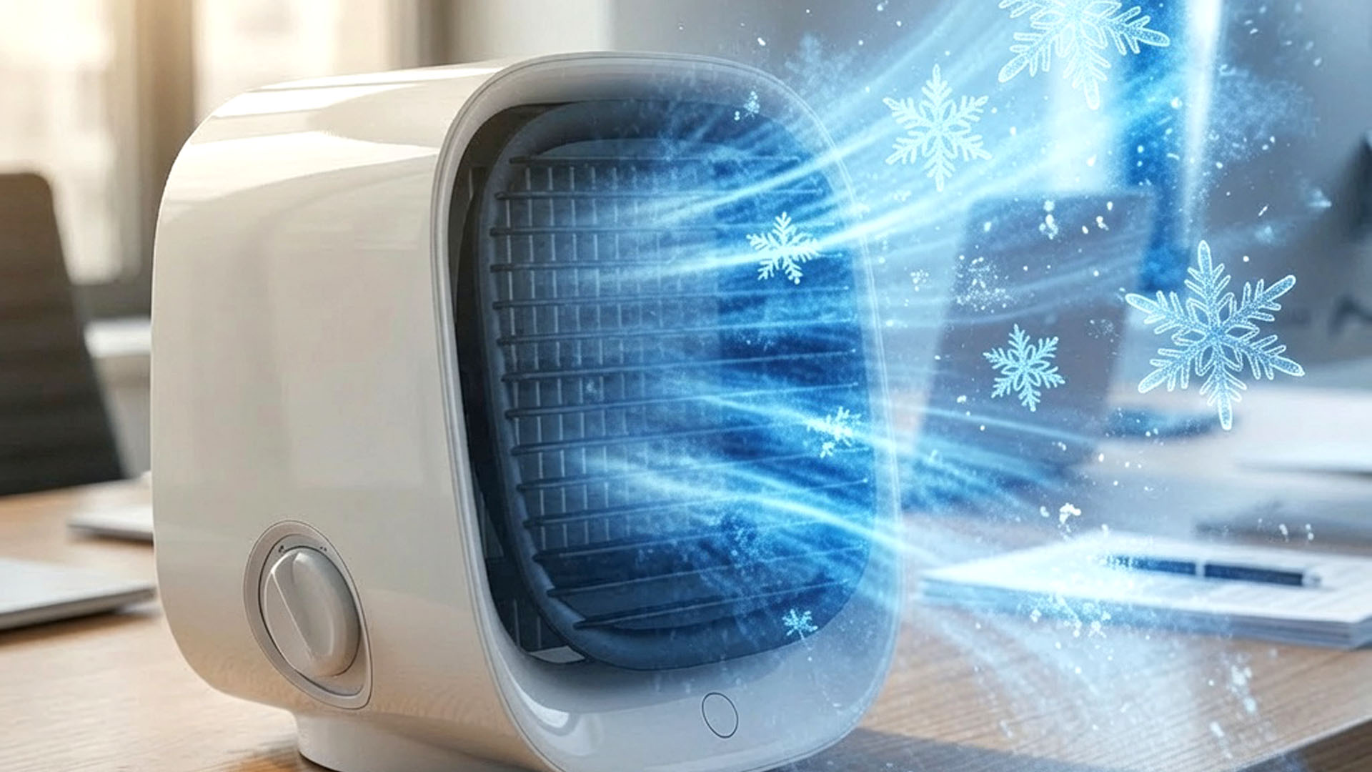An image shows a small portable fan device sitting on a desk with fake blue streaks of air and snowflakes displaying its alleged capabilities.