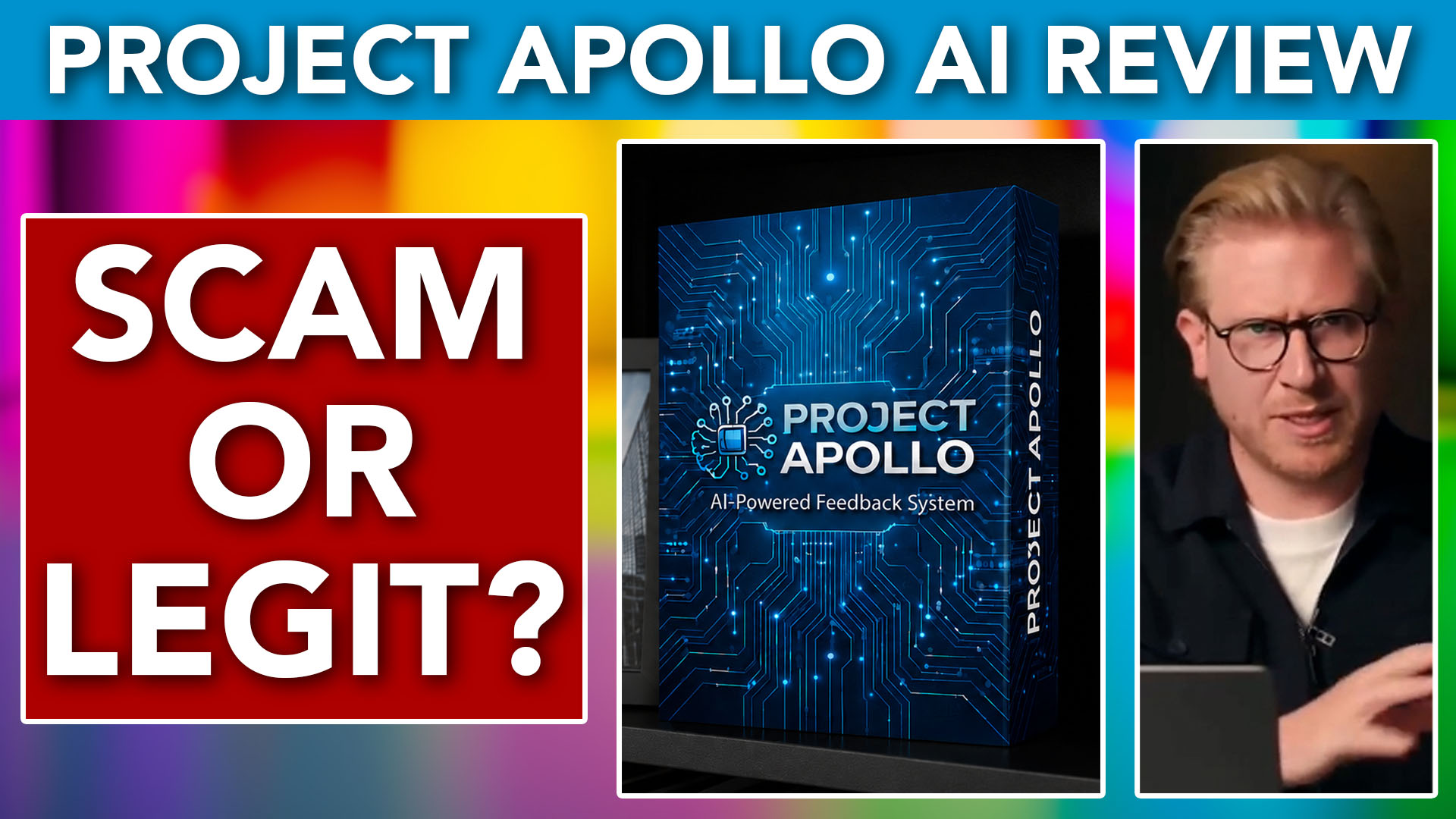 An image shows a preview of a Project Apollo AI alleged moneymaking app or system with the words scam or legit, an image of a spokesperson and a purported product box.