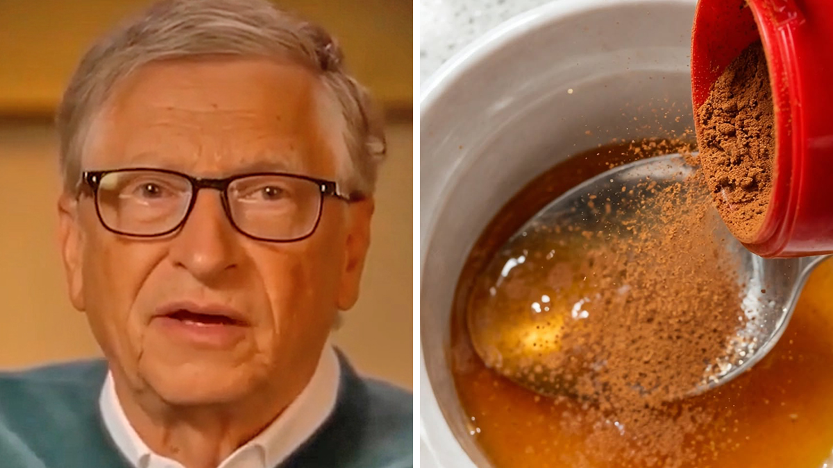 An image shows Bill Gates on the left wearing a green sweater and glasses, and on the right a separate image of cinnamon being poured into honey.